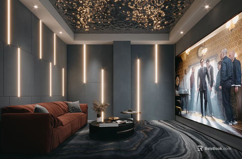 Elegant Home Theater Interior Design With Red Sofa Gold Ceiling LED Lights And Large Screen 3d model 