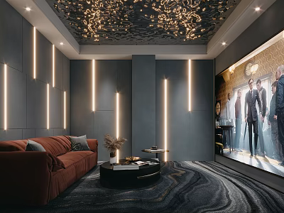 Elegant Home Theater Interior Design With Red Sofa Gold Ceiling LED Lights And Large Screen 3d model