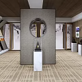 Modern Exhibition Display with Multiple Boards on White Marble Pedestals Against Wood Grain Wall