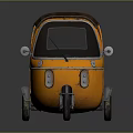 Orange Three Wheeled Tuk Tuk Vehicle With Brown Canopy And Green Seats