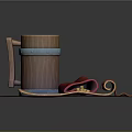 Vintage Medieval Scene With Wooden Mug Scroll Red Cloth And Coins