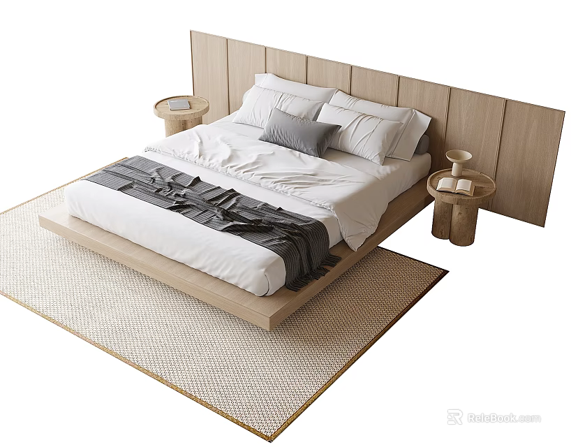 Modern Wooden Double Bed with White Bedding and Nightstands on Woven Rug 3d model 