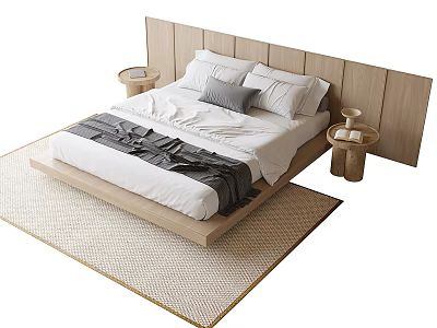 Modern Wooden Double Bed with White Bedding and Nightstands on Woven Rug 3d model