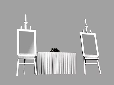 Minimalist Indoor Display With Two White Art Easels And Decorative Table 3d model