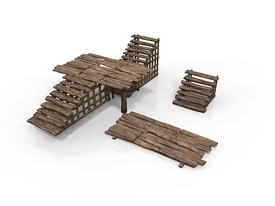 Rustic Wooden Building Structure Featuring Platform Steps and Separate Plank Components 3d model