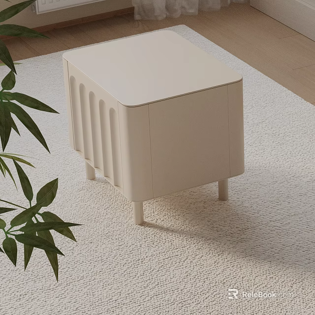 Minimalist Modern Bedside Table With Vertical Grooves And Beige Finish By Green Plant On Rug 3d model 