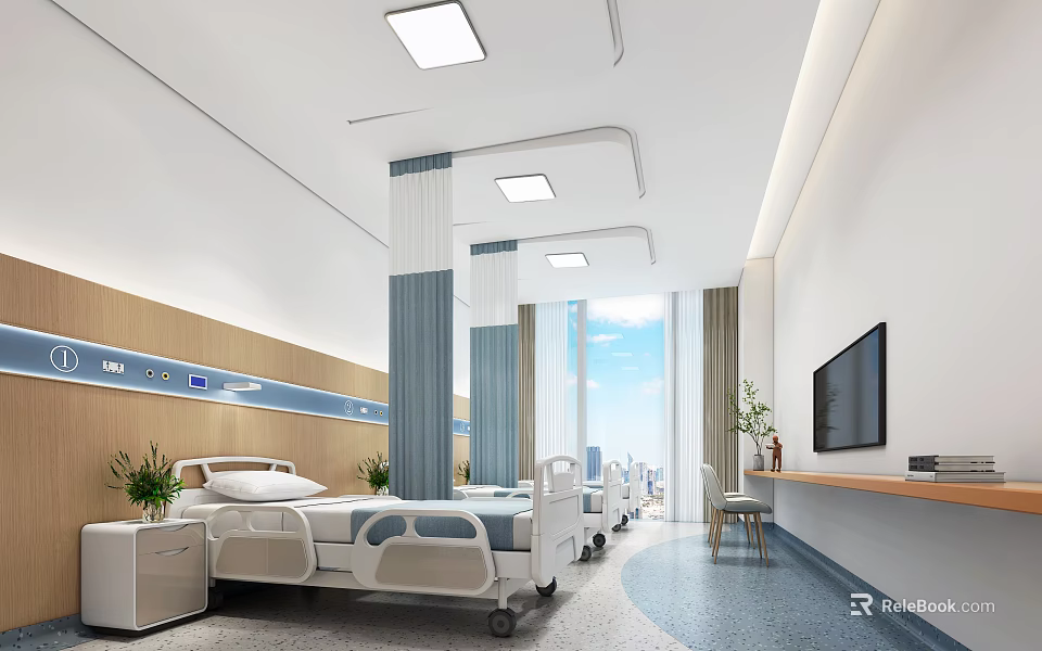 Modern Hospital Ward Interior With Beds Windows TV Plants And Bedside Tables 3d model 