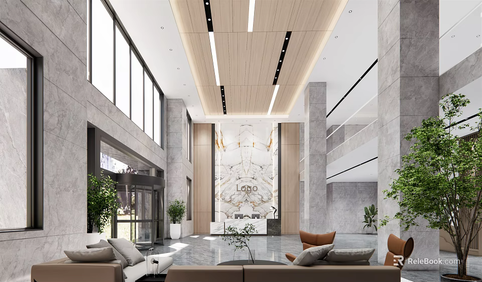 Modern Lobby Reception Desk With Marble Decor Sofas Plants And Large Windows 3d model