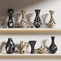Stylish Decorative Vases With Various Intricate Patterns On White Shelves 3d model
