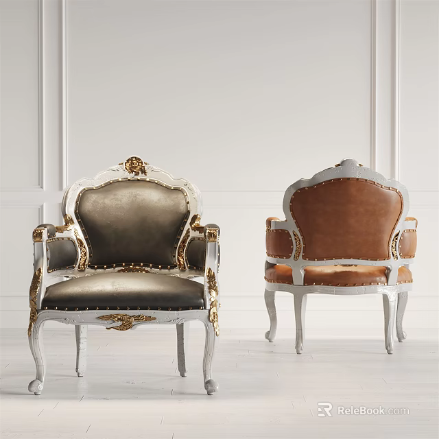 Two Elegant Leisure Chairs With Dark Brown Leather White Frame Gold Accents Carved Design 3d model 