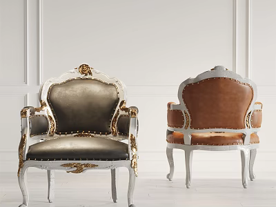 Two Elegant Leisure Chairs With Dark Brown Leather White Frame Gold Accents Carved Design 3d model