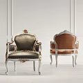 Two Elegant Leisure Chairs With Dark Brown Leather White Frame Gold Accents Carved Design