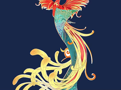 Carved Phoenix With Vibrant Red Wings Green Body Yellow Tail Feathers On Dark Blue Background 3d model
