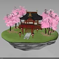 Traditional Japanese Building With Pink Cherry Blossom Trees Green Grass Stone Path and Red Lanterns
