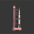 Red Launch Tower Supporting White Space Rocket with Metallic Platform Structure 3d model