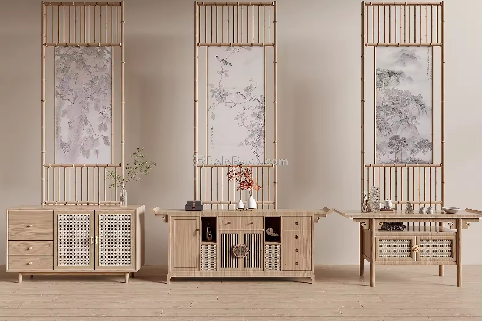 Log Entrance Cabinet Decorative Cabinet Sideboard Bamboo Partition 3d model
