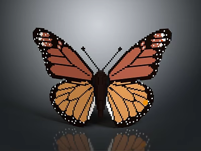 Pixel Art Butterfly With Orange Black Wings And White Spots On Gray Background With Reflection 3d model
