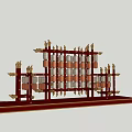 Chinese Style Art Installation With Red Framework And Golden Lantern Decorations 3d model