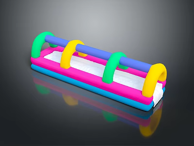 Colorful Inflatable Play Equipment Featuring Pink Blue Green Yellow Rings And Long Slide Design 3d model