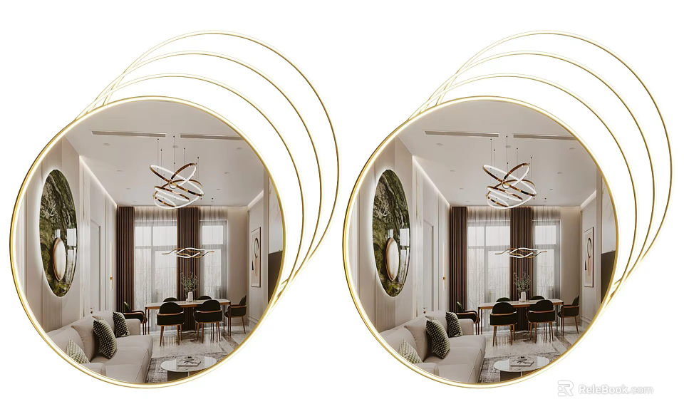 Round Gold Framed Mirror Reflecting Modern Living Room Interior with Sofa and Dining Table 3d model 