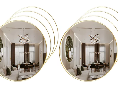 Round Gold Framed Mirror Reflecting Modern Living Room Interior with Sofa and Dining Table 3d model