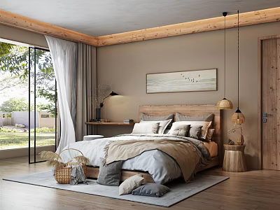 Natural Light Wooden Bedroom Interior With Large Windows Neutral Bedding Area Rug And Decorative Art 3d model