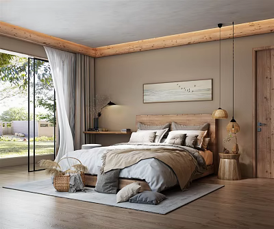 Natural Light Wooden Bedroom Interior With Large Windows Neutral Bedding Area Rug And Decorative Art 3d model