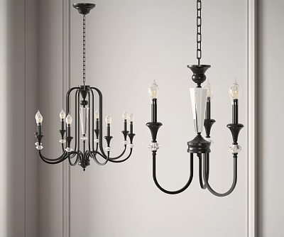 Black Chandeliers With Candle Style Bulbs And Crystal Accents For Interior 3d model