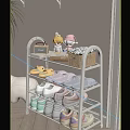 White Multi tier Shoe Rack with Slippers Sneakers Decorative Dolls Wicker Basket and Green Plants