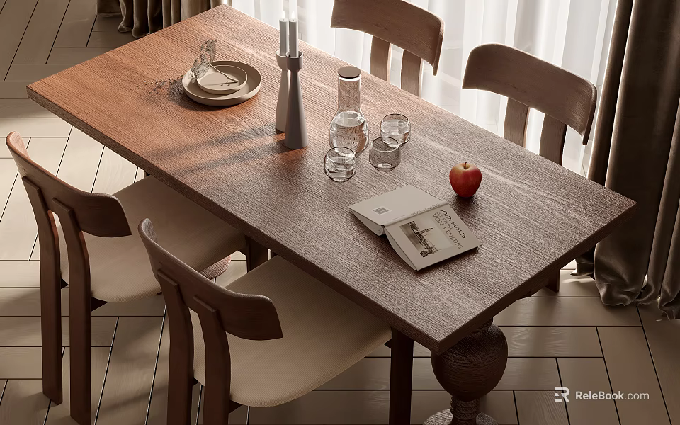 Wooden Dining Table Set with Four Chairs Plates Candle Water Bottle Glasses Apple and Book 3d model 