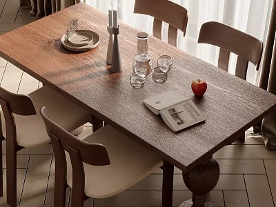 Wooden Dining Table Set with Four Chairs Plates Candle Water Bottle Glasses Apple and Book 3d model