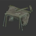 Primitive Tent Structure With Crossed Wooden Poles And Tattered Fabric Cover