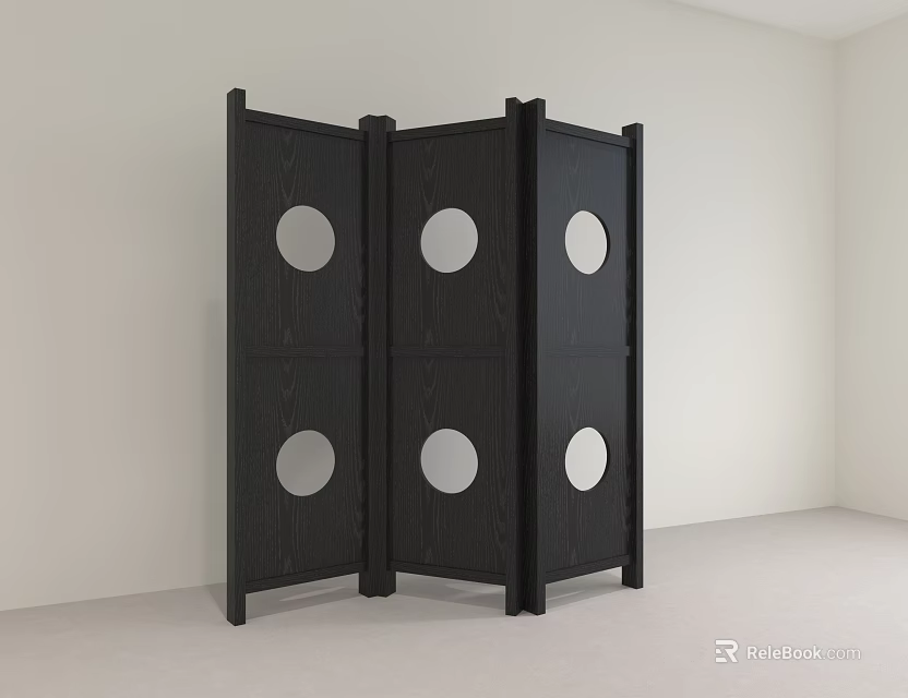 Black Modern Room Divider With Three Panels And Circular Cutouts 3d model