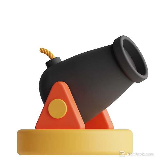 Cannon Shaped Decorative Ornament Set With Black Body Orange Triangular Stand And Yellow Base 3d model 