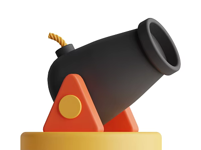 Cannon Shaped Decorative Ornament Set With Black Body Orange Triangular Stand And Yellow Base 3d model