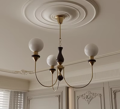 Elegant Chandelier With White Spherical Shades Golden Metal Frame And Ceiling Medallion In Classic Interior 3d model