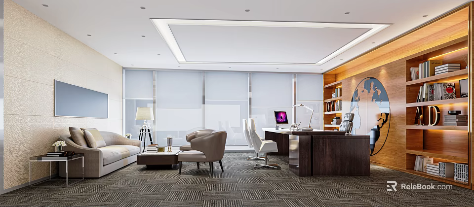 Modern Open Office Interior Design With Sofa Desk Computer Bookshelf And Large Windows 3d model