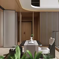 Modern Teahouse Interior Design With Table Tea Set And Plants