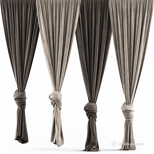 Elegant Gray and Beige Pleated Curtains Tied with Decorative Knots for Home Interior 3d model 