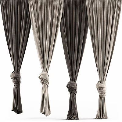Elegant Gray and Beige Pleated Curtains Tied with Decorative Knots for Home Interior 3d model