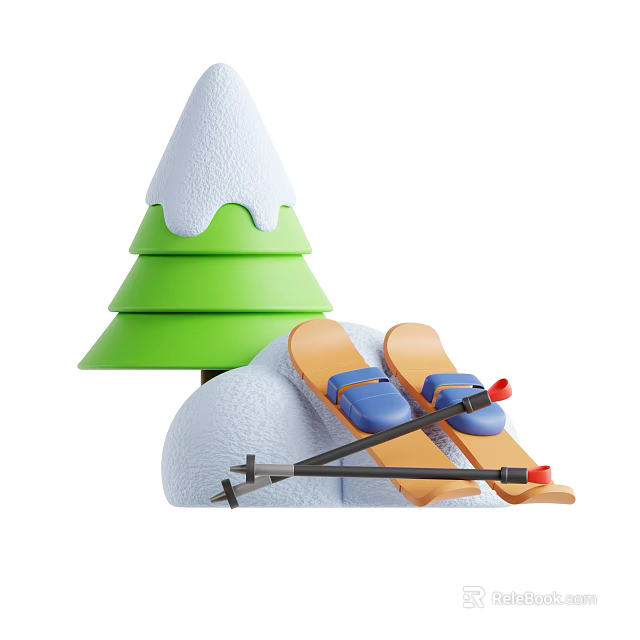 Snowy Christmas Decorative Ornament Set With Green Tree Orange Skis And Poles 3d model 