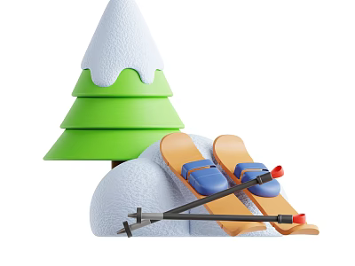 Snowy Christmas Decorative Ornament Set With Green Tree Orange Skis And Poles 3d model
