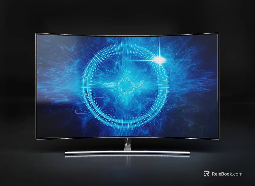 Curved Computer Monitor with Blue Tech Pattern Glowing Star Circular Structure and Silver Base Design 3d model 