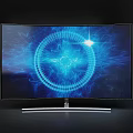 Curved Computer Monitor with Blue Tech Pattern Glowing Star Circular Structure and Silver Base Design