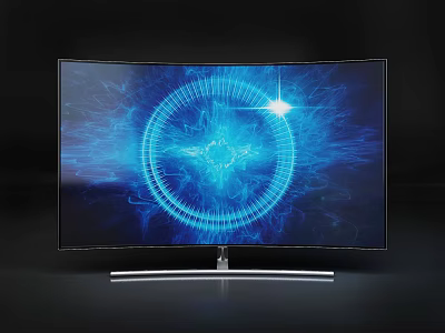 Curved Computer Monitor with Blue Tech Pattern Glowing Star Circular Structure and Silver Base Design 3d model