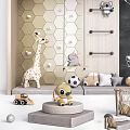 Kids Room With Hexagon Wall Chalkboard Art Stuffed Toys Hanging Rods And Playful Decor