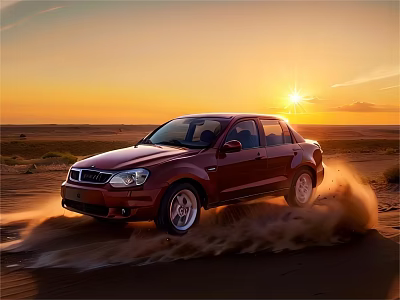 Red Car Driving Through Open Desert Landscape At Sunset Kicking Up Dust 3d model