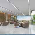 Modern Lounge Area with Glass Partitions Wooden Walls Sofas Round Tables Greenery and Decorative Paintings