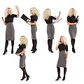 Multiple Blond Women in Black Tops Gray Skirts Holding Folders Phones Various Poses