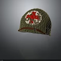 Green Military Helmet With Netting And Red Patterns Underneath Red Strap 3d model